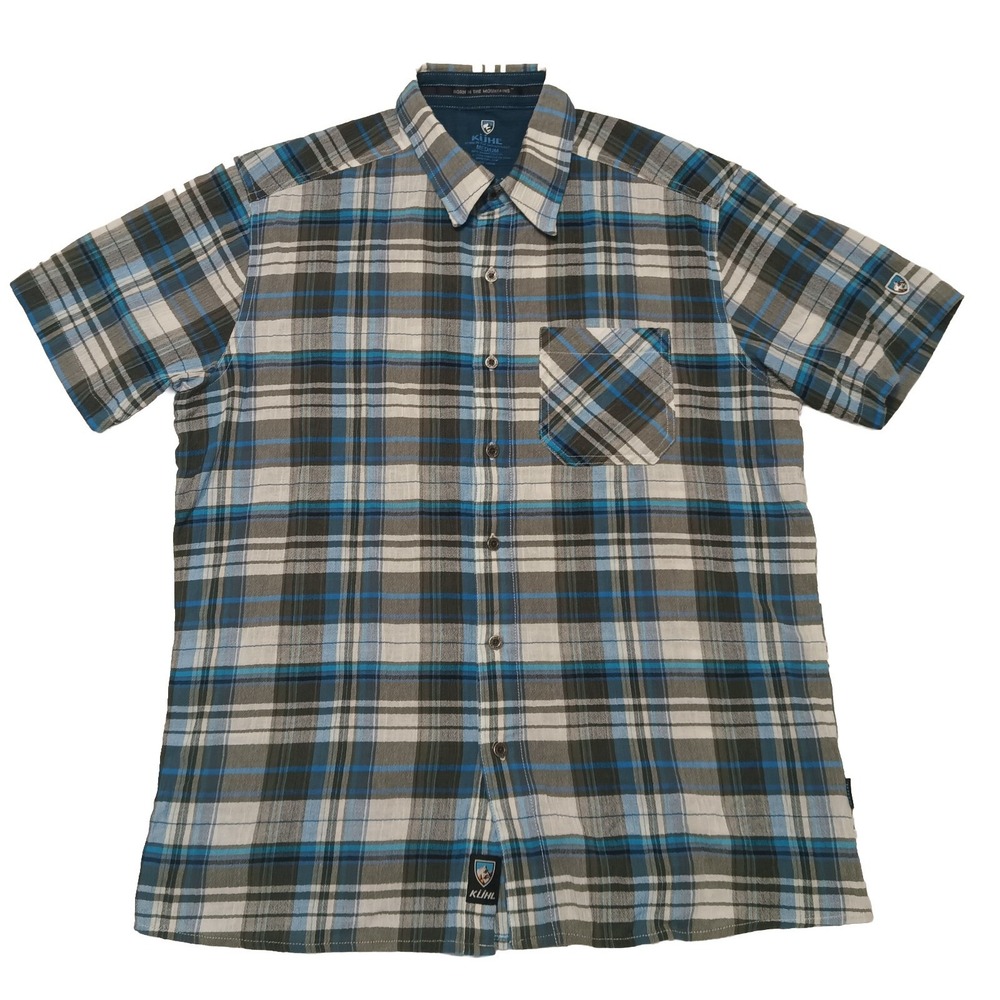Kuhl Shirt Mens Medium Gray Plaid Button Up Short Sleeve Outdoor Performance